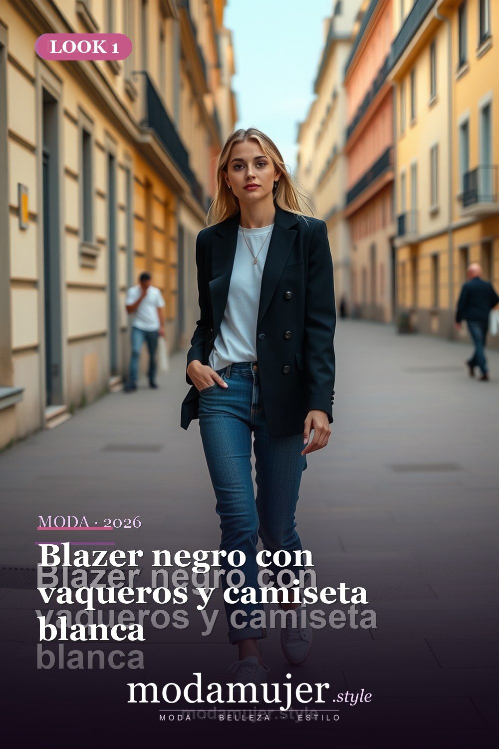 Blazer negro con vaqueros y camiseta blanca — 30 outfits con blazer para mujer en 2026: ideas con americana