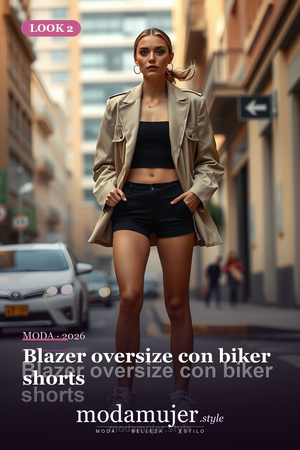 Blazer oversize con biker shorts — 30 outfits con blazer para mujer en 2026: ideas con americana