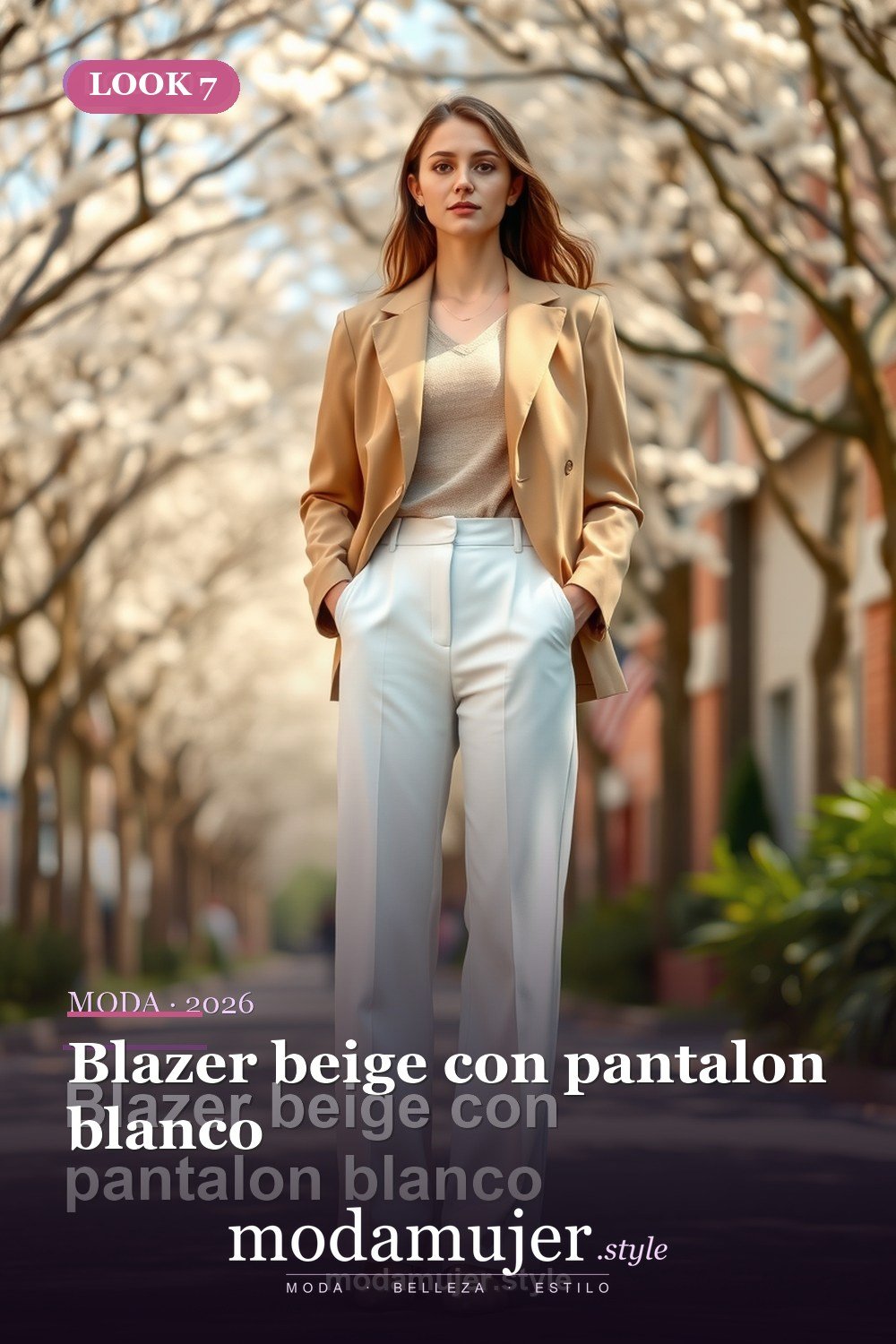 Blazer beige con pantalon blanco — 30 outfits con blazer para mujer en 2026: ideas con americana
