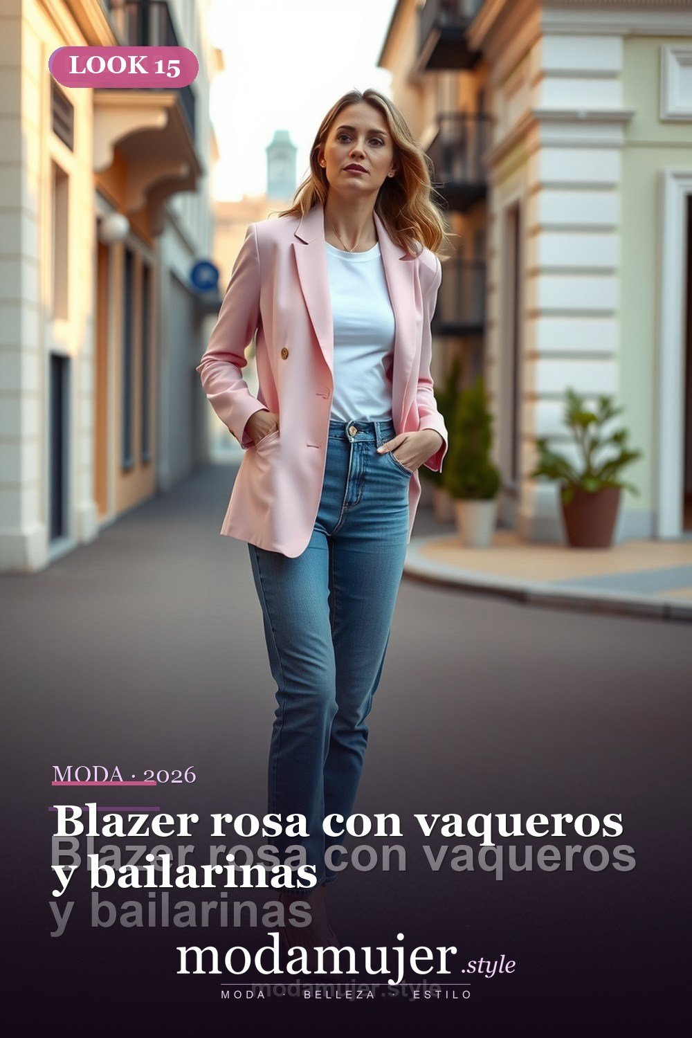 Blazer rosa con vaqueros y bailarinas — 30 outfits con blazer para mujer en 2026: ideas con americana
