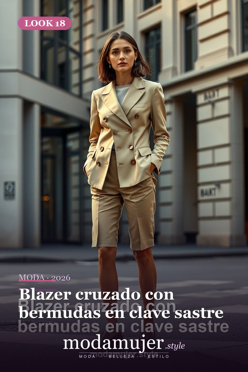 Blazer cruzado con bermudas en clave sastre — 30 outfits con blazer para mujer en 2026: ideas con americana