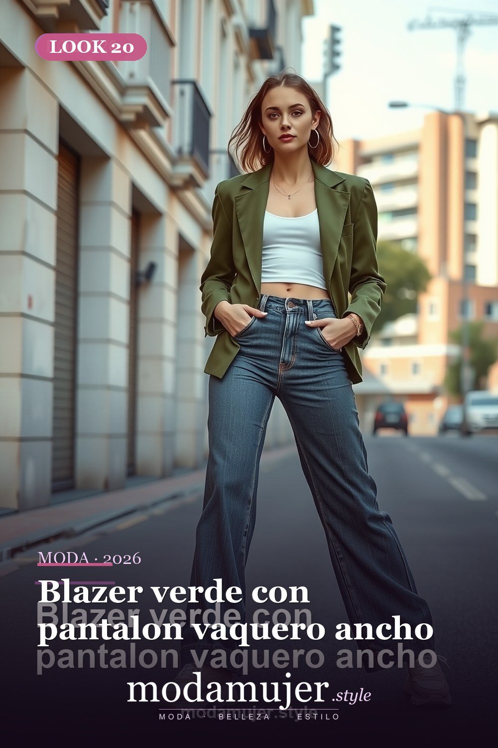 Blazer verde con pantalon vaquero ancho — 30 outfits con blazer para mujer en 2026: ideas con americana