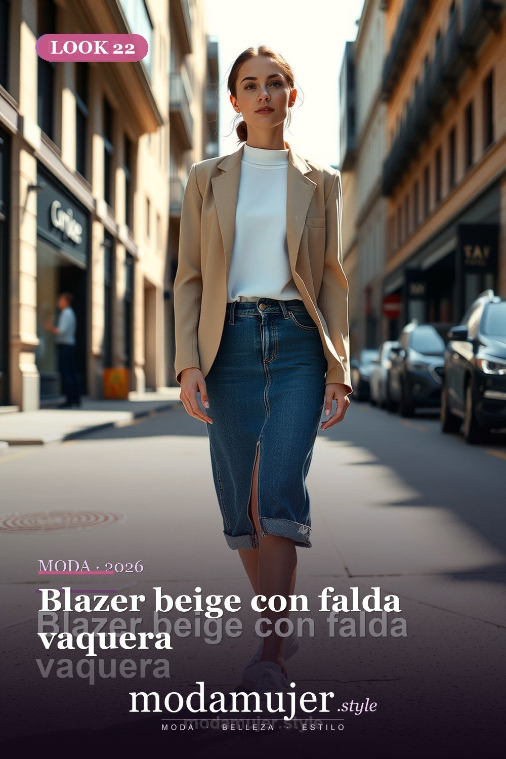 Blazer beige con falda vaquera — 30 outfits con blazer para mujer en 2026: ideas con americana