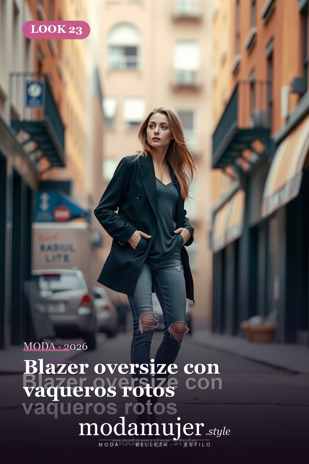 Blazer oversize con vaqueros rotos — 30 outfits con blazer para mujer en 2026: ideas con americana
