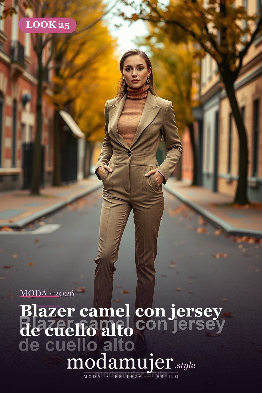 Blazer camel con jersey de cuello alto — 30 outfits con blazer para mujer en 2026: ideas con americana