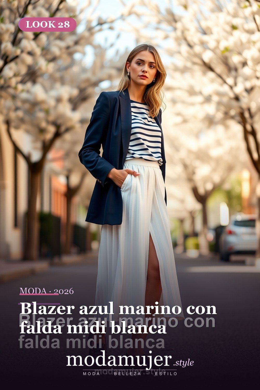 Blazer azul marino con falda midi blanca — 30 outfits con blazer para mujer en 2026: ideas con americana