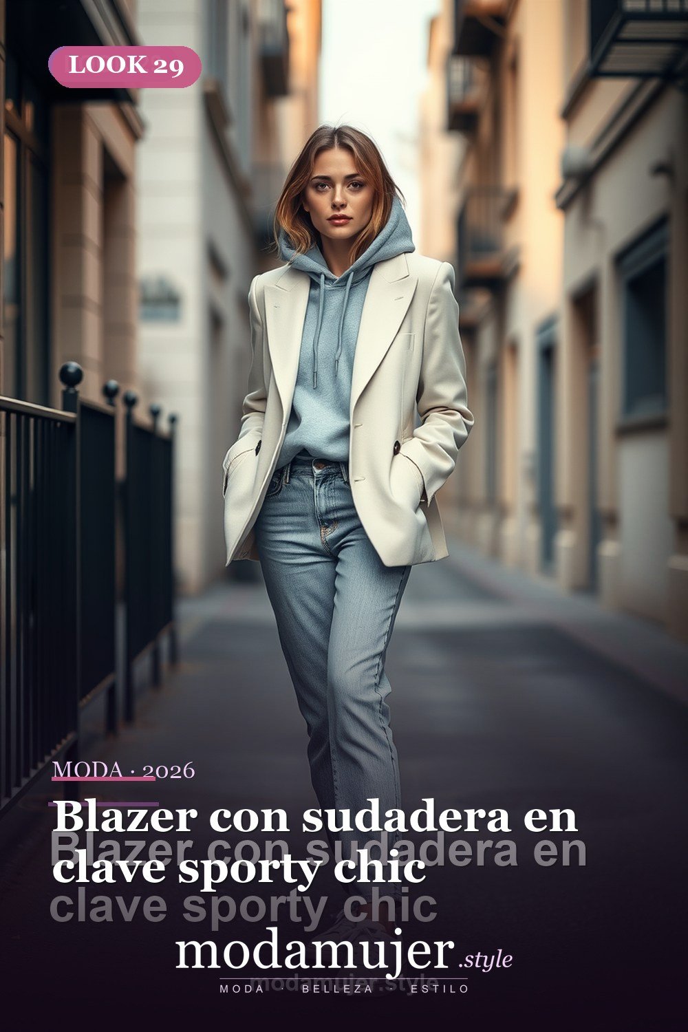 Blazer con sudadera en clave sporty chic — 30 outfits con blazer para mujer en 2026: ideas con americana
