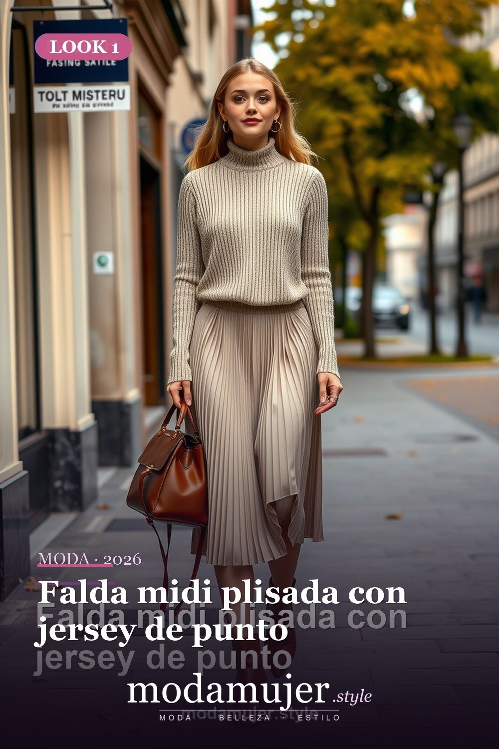 Falda midi plisada con jersey de punto — 30 outfits con falda para mujer en 2026: ideas para cada ocasion