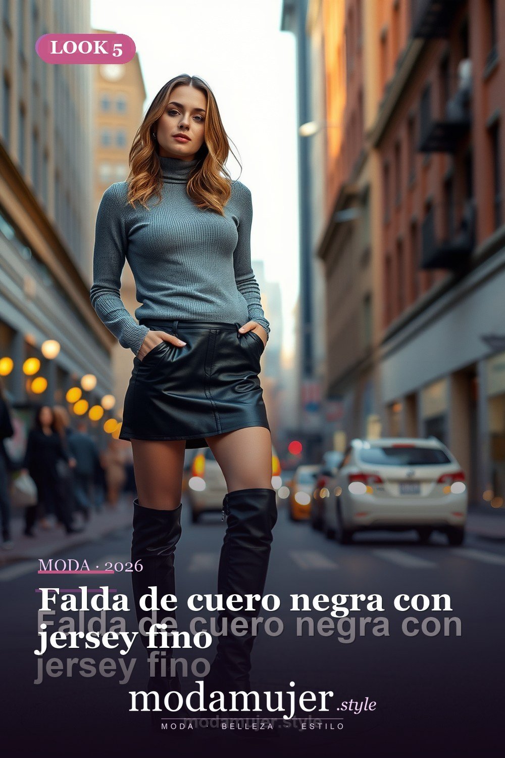Falda de cuero negra con jersey fino — 30 outfits con falda para mujer en 2026: ideas para cada ocasion