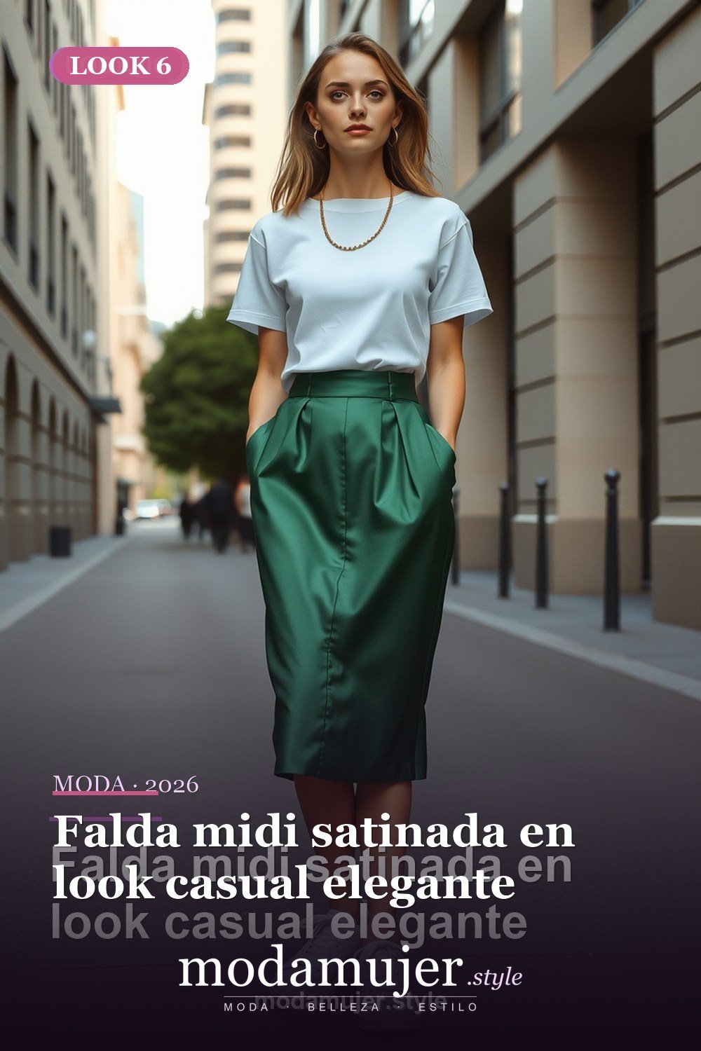 Falda midi satinada en look casual elegante — 30 outfits con falda para mujer en 2026: ideas para cada ocasion