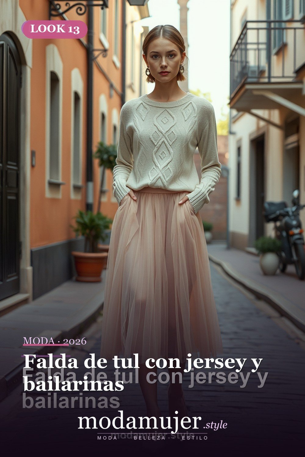 Falda de tul con jersey y bailarinas — 30 outfits con falda para mujer en 2026: ideas para cada ocasion
