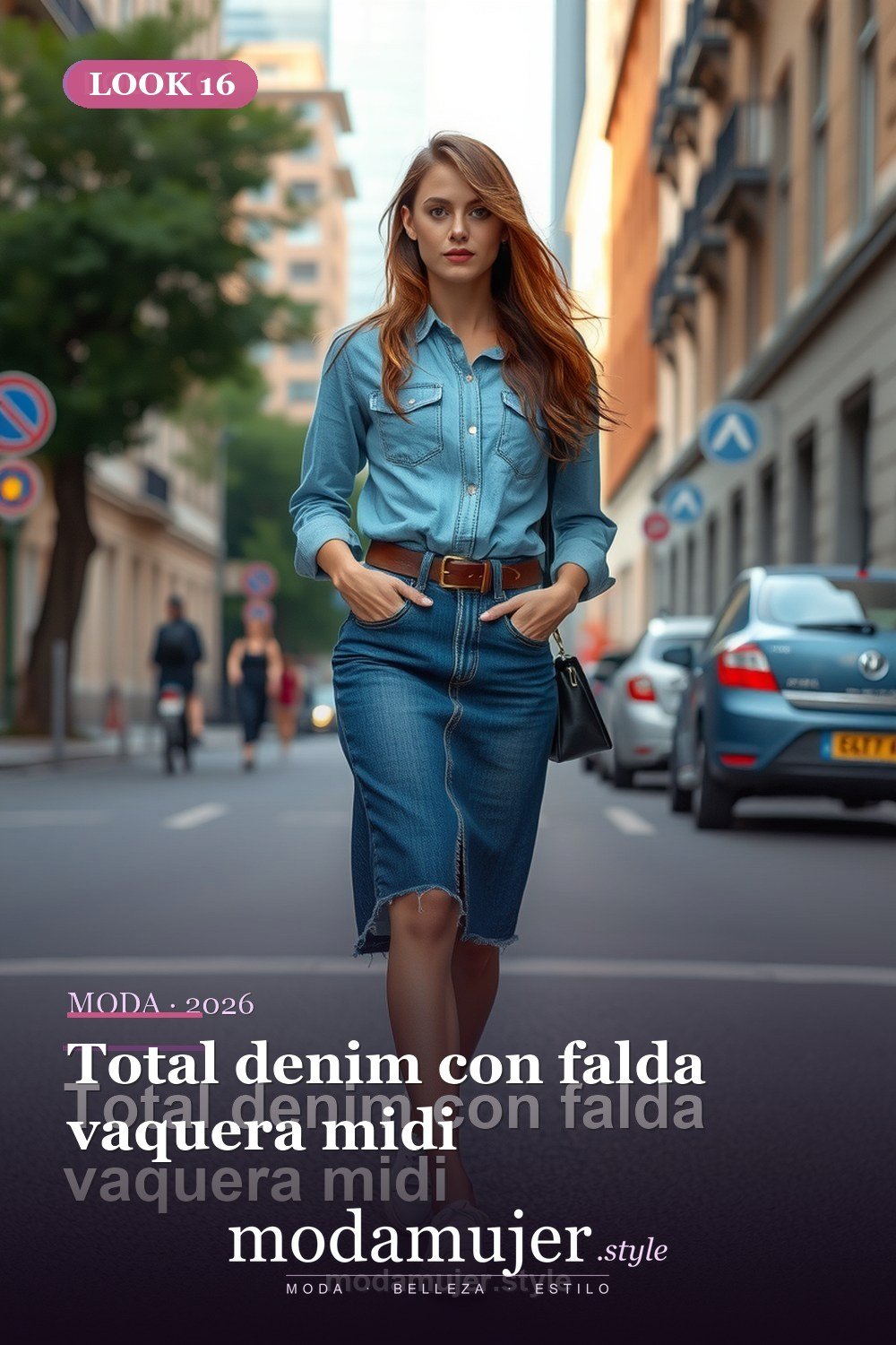 Total denim con falda vaquera midi — 30 outfits con falda para mujer en 2026: ideas para cada ocasion