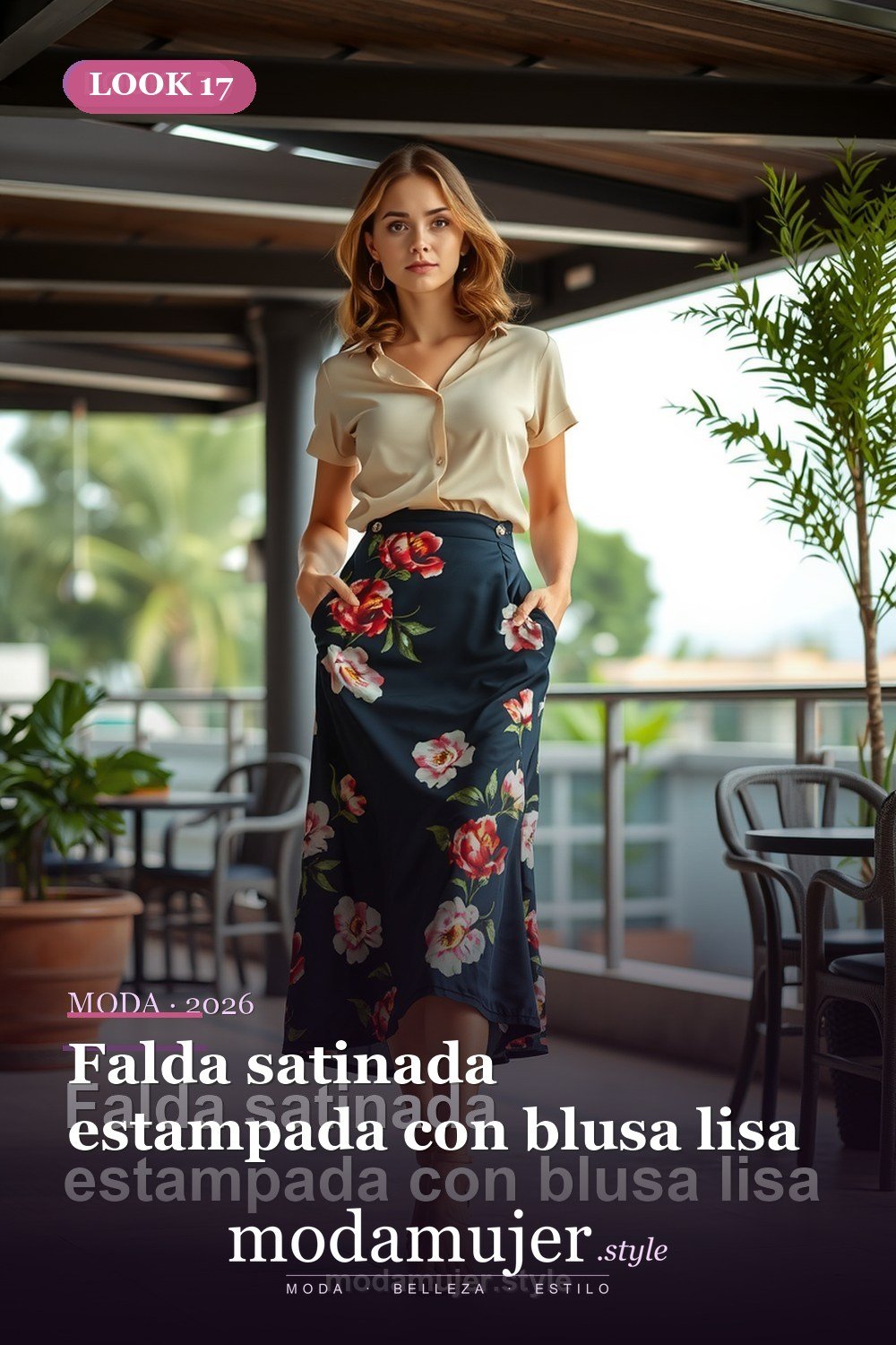 Falda satinada estampada con blusa lisa — 30 outfits con falda para mujer en 2026: ideas para cada ocasion
