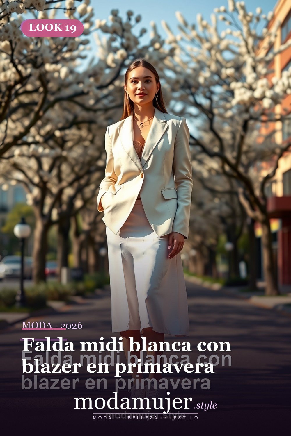 Falda midi blanca con blazer en primavera — 30 outfits con falda para mujer en 2026: ideas para cada ocasion