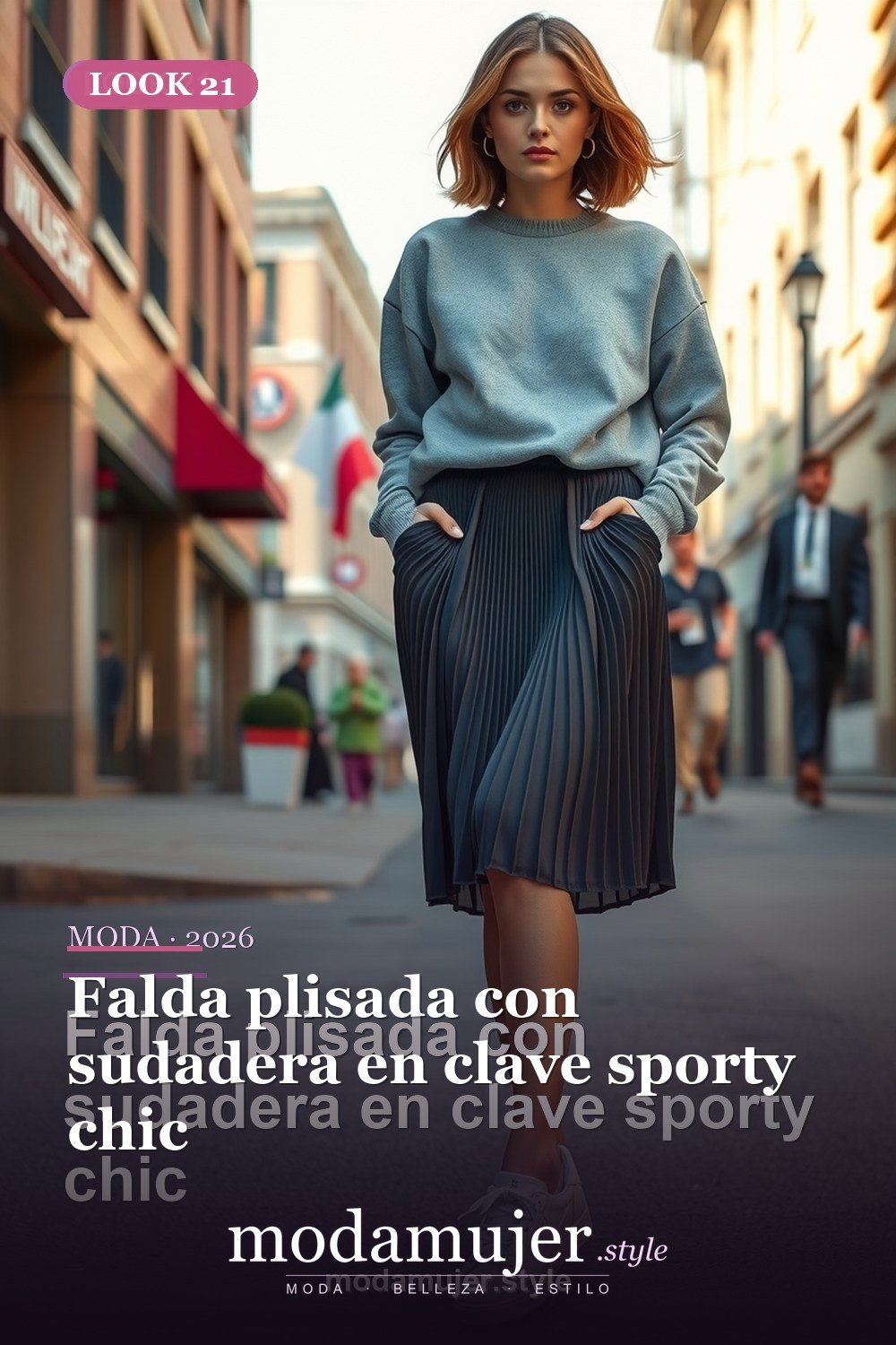 Falda plisada con sudadera en clave sporty chic — 30 outfits con falda para mujer en 2026: ideas para cada ocasion