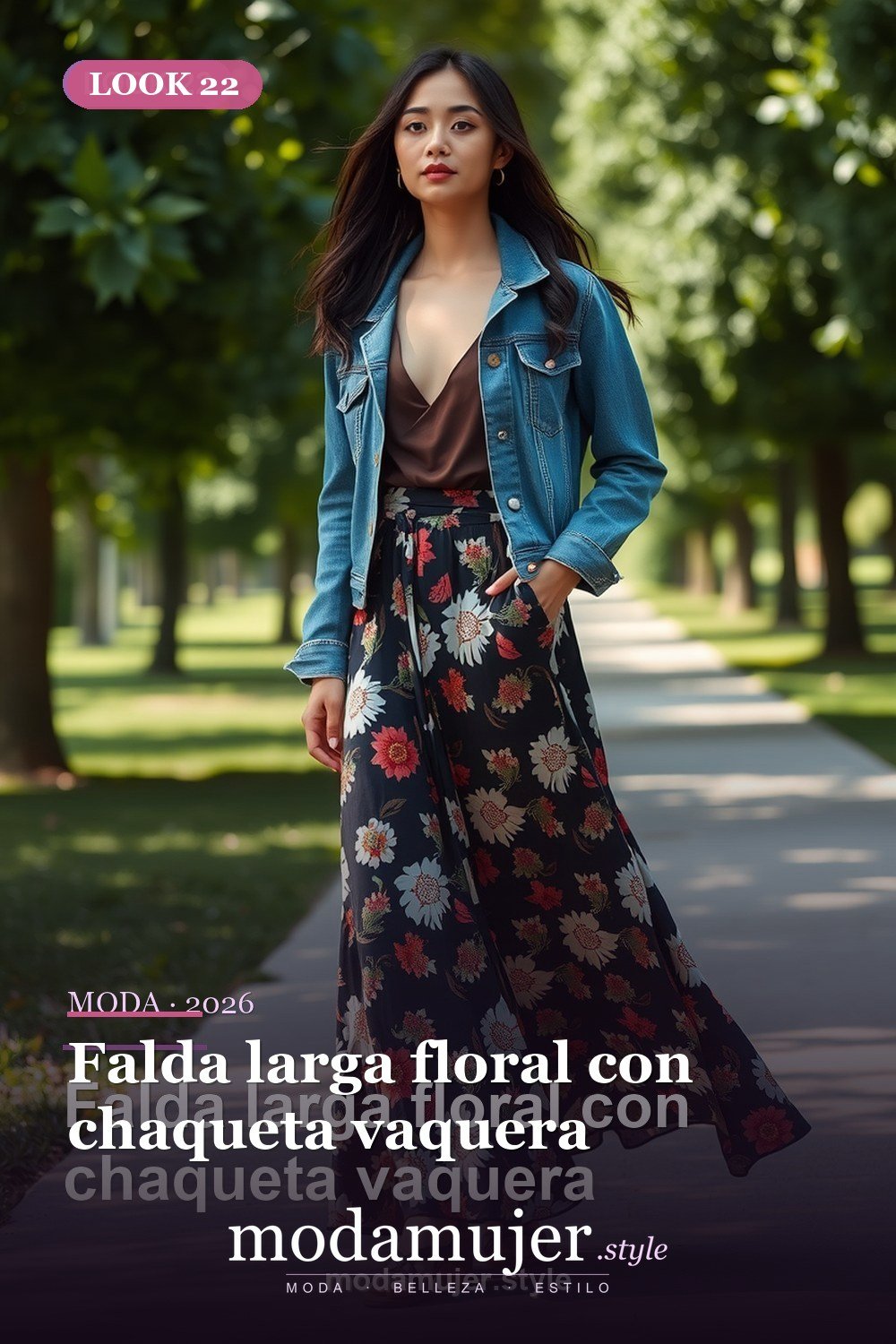 Falda larga floral con chaqueta vaquera — 30 outfits con falda para mujer en 2026: ideas para cada ocasion