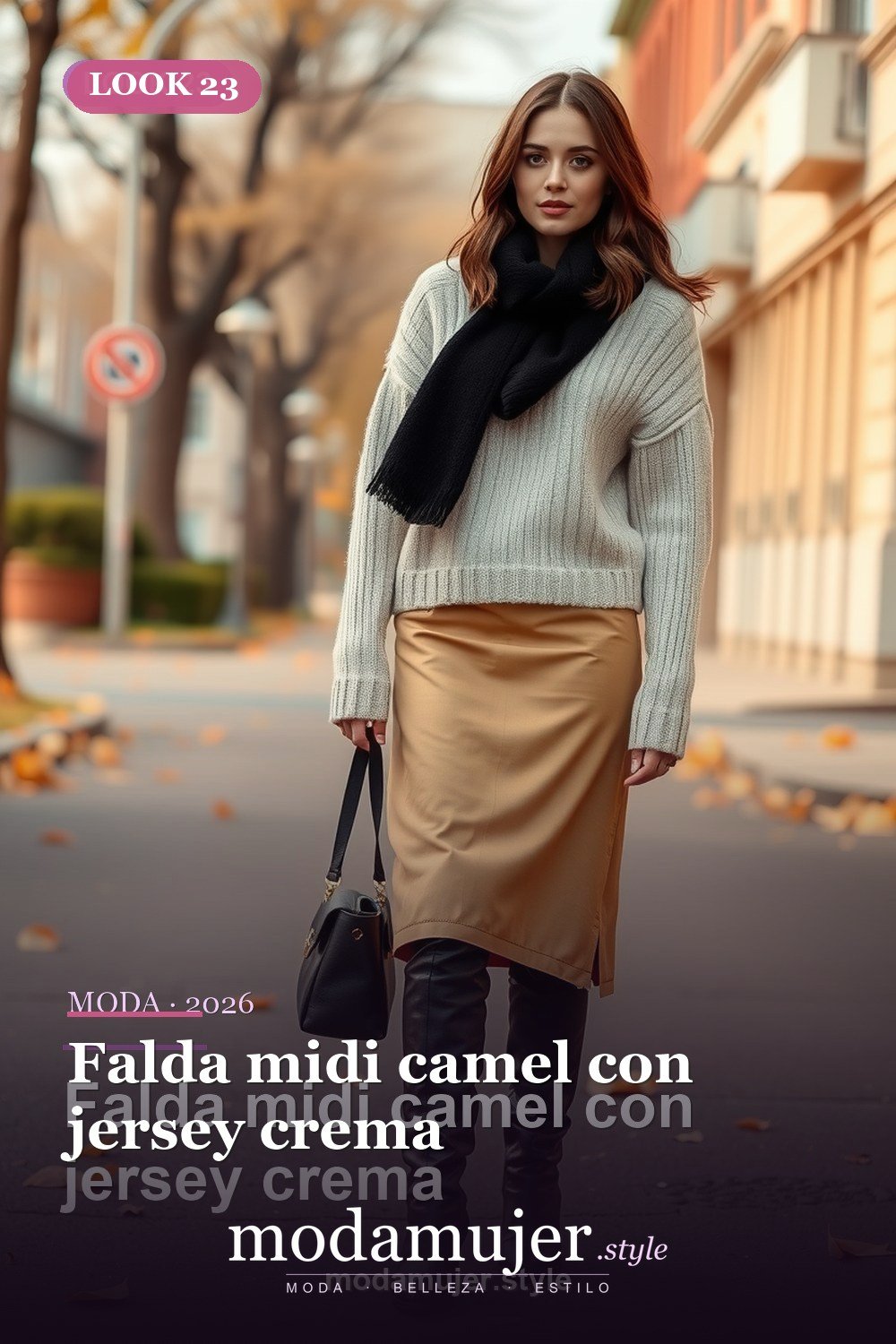Falda midi camel con jersey crema — 30 outfits con falda para mujer en 2026: ideas para cada ocasion
