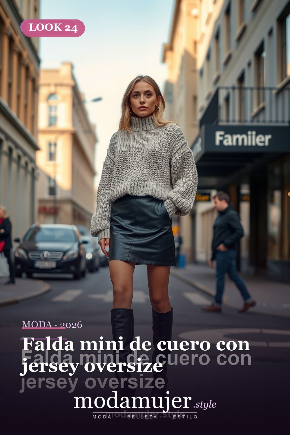 Falda mini de cuero con jersey oversize — 30 outfits con falda para mujer en 2026: ideas para cada ocasion