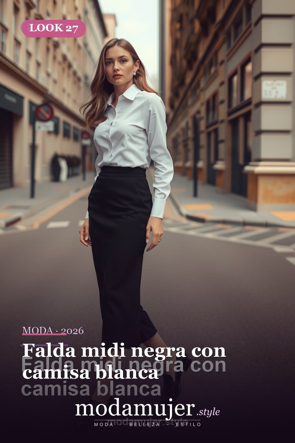Falda midi negra con camisa blanca — 30 outfits con falda para mujer en 2026: ideas para cada ocasion