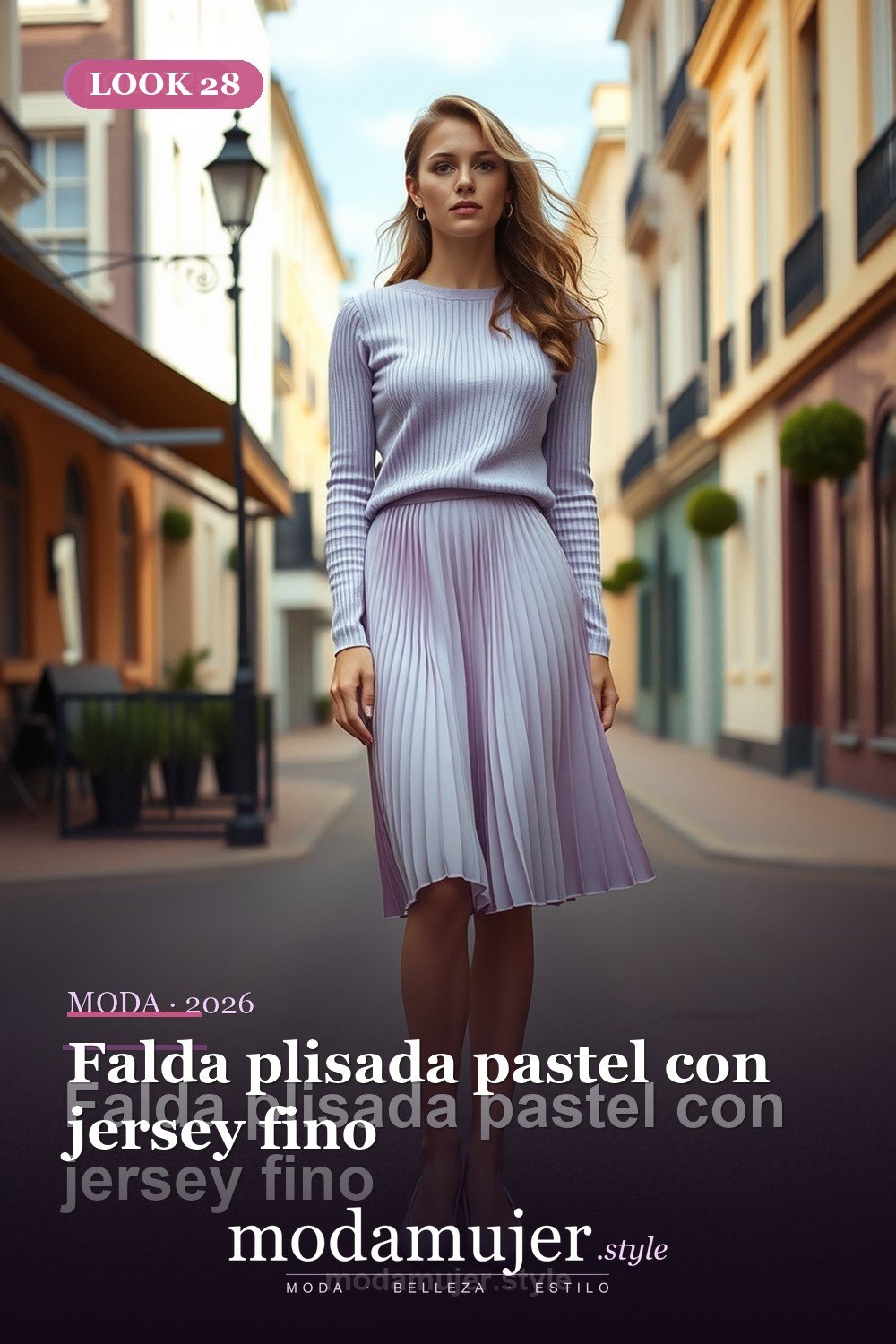 Falda plisada pastel con jersey fino — 30 outfits con falda para mujer en 2026: ideas para cada ocasion