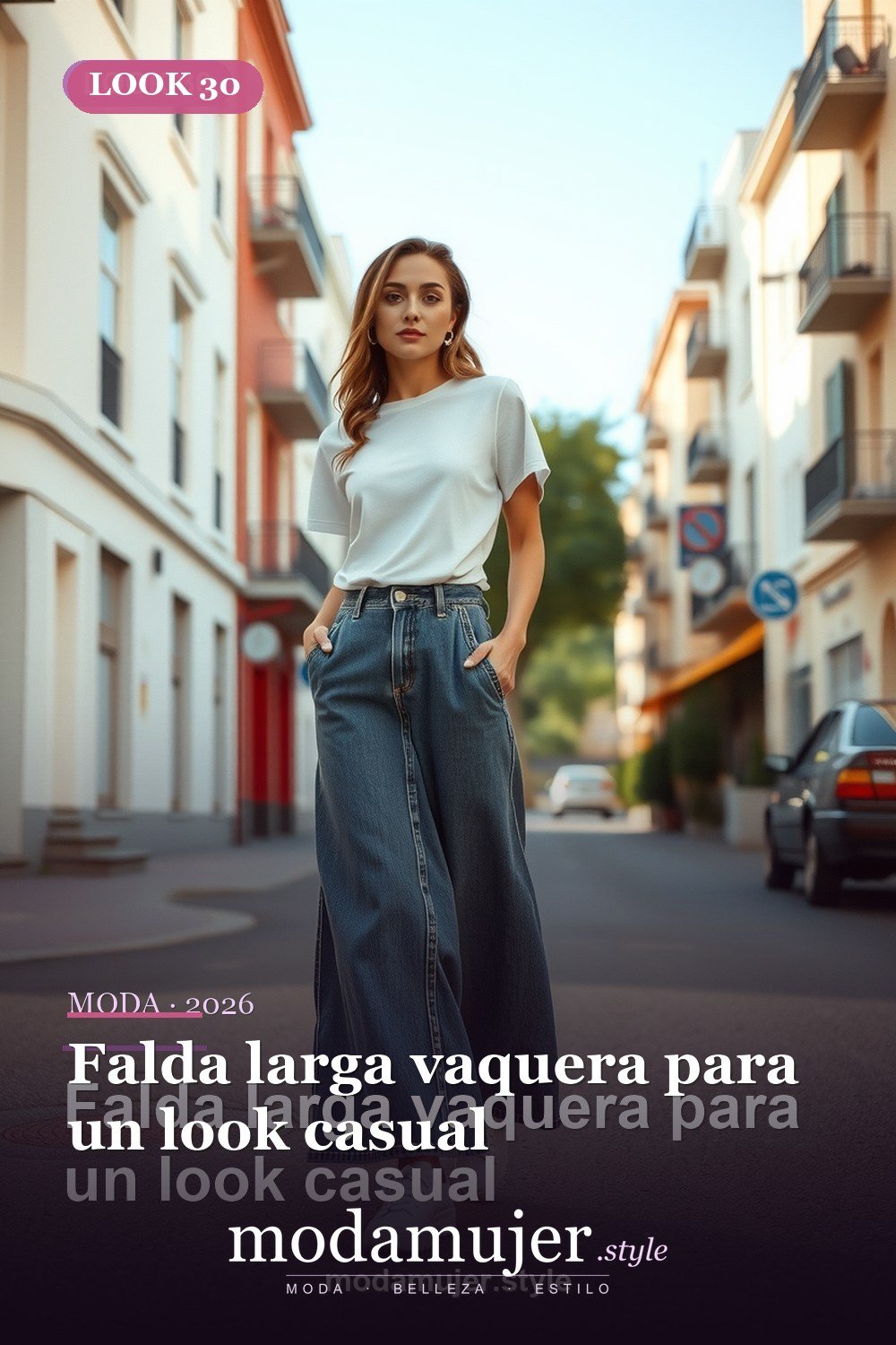 Falda larga vaquera para un look casual — 30 outfits con falda para mujer en 2026: ideas para cada ocasion