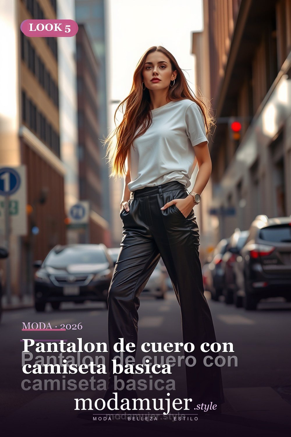 Pantalon de cuero con camiseta basica — 30 outfits con pantalon para mujer en 2026: ideas con pantalones