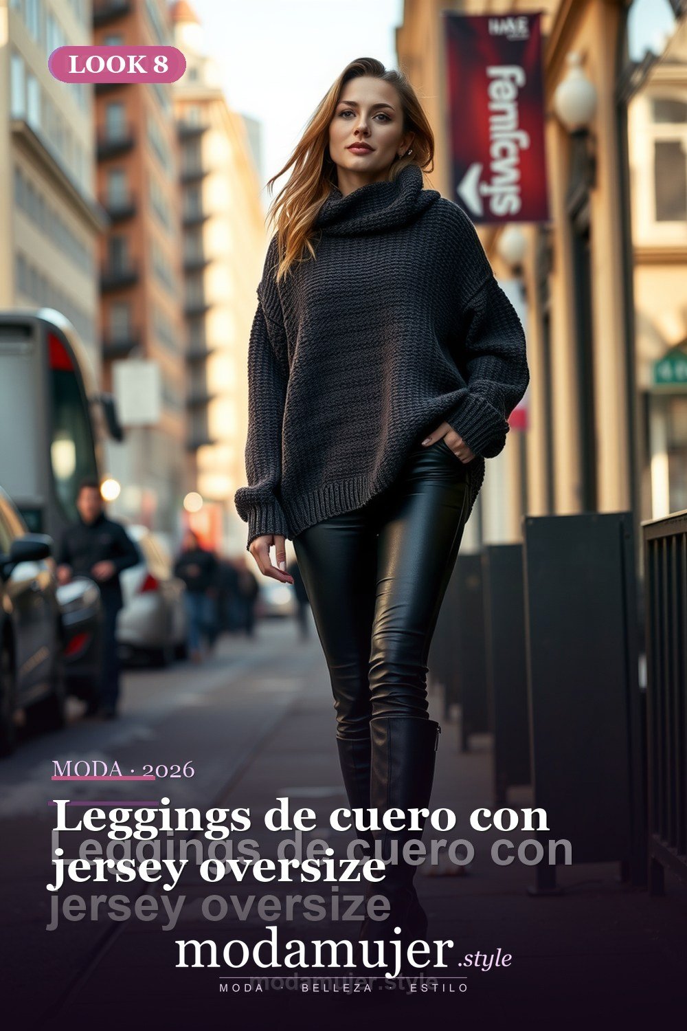 Leggings de cuero con jersey oversize — 30 outfits con pantalon para mujer en 2026: ideas con pantalones