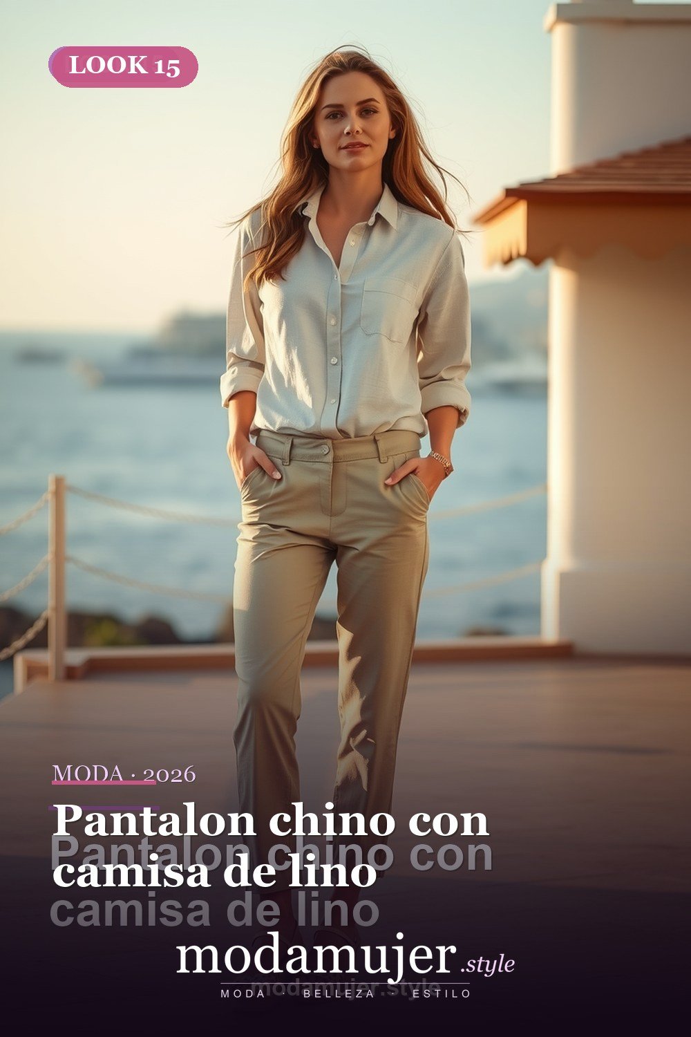 Pantalon chino con camisa de lino — 30 outfits con pantalon para mujer en 2026: ideas con pantalones