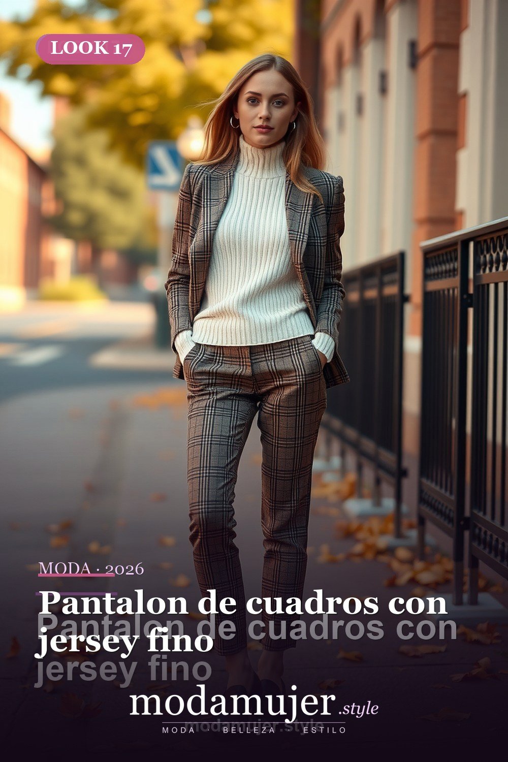 Pantalon de cuadros con jersey fino — 30 outfits con pantalon para mujer en 2026: ideas con pantalones