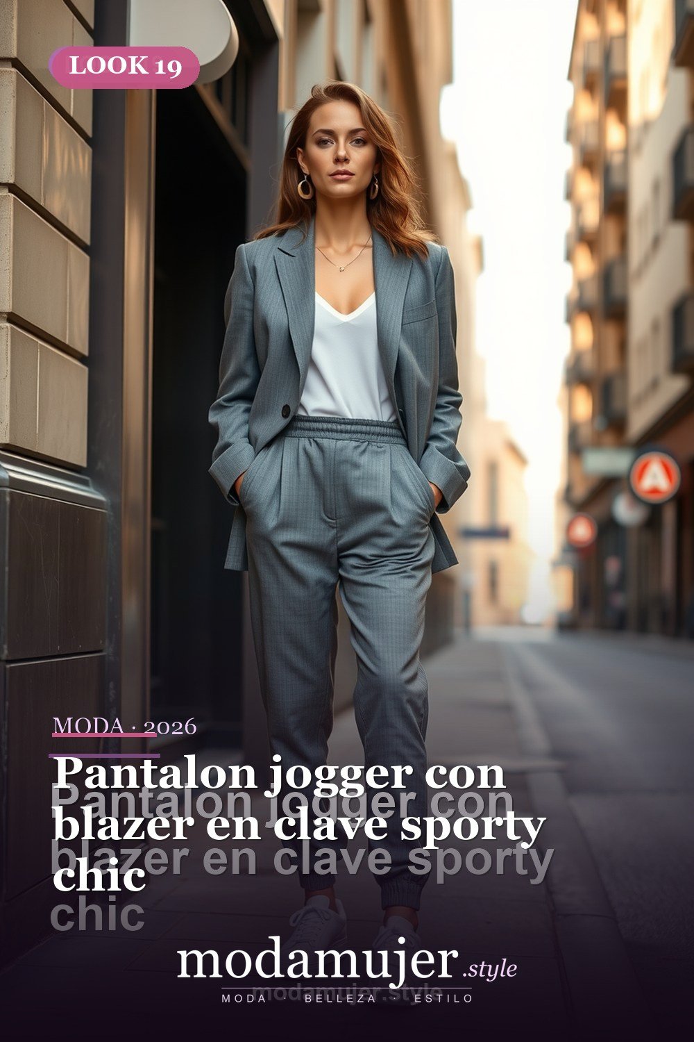 Pantalon jogger con blazer en clave sporty chic — 30 outfits con pantalon para mujer en 2026: ideas con pantalones