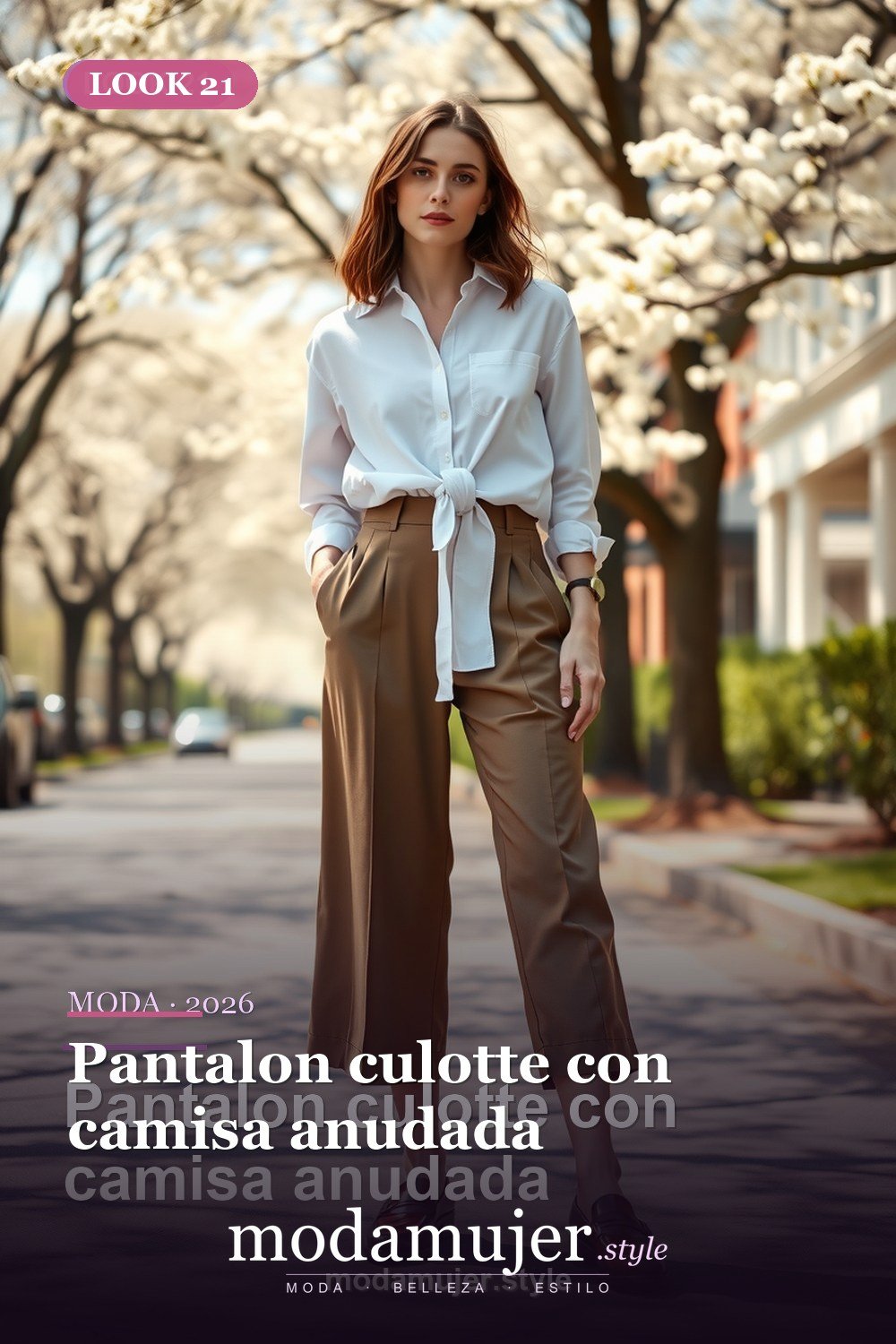 Pantalon culotte con camisa anudada — 30 outfits con pantalon para mujer en 2026: ideas con pantalones