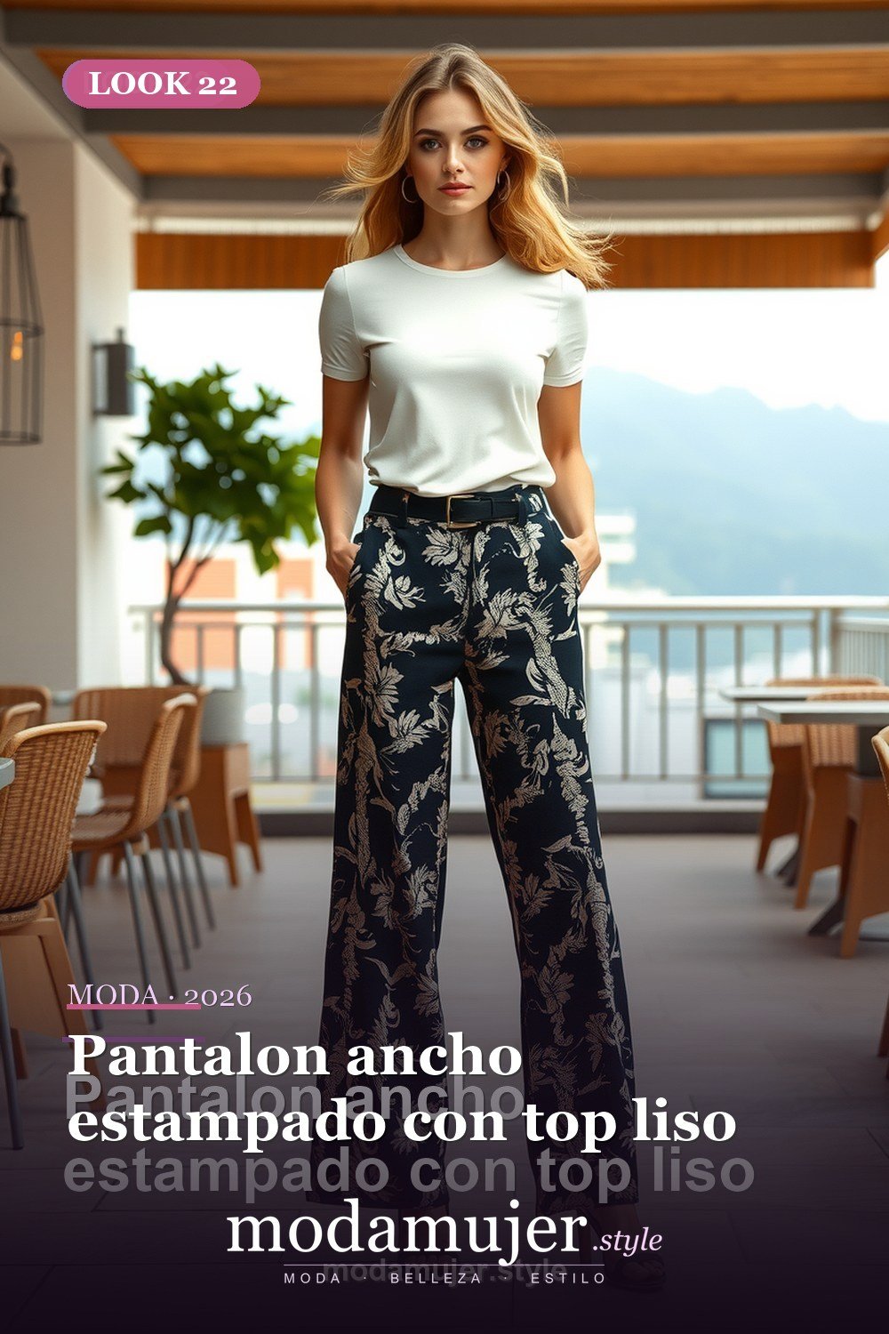 Pantalon ancho estampado con top liso — 30 outfits con pantalon para mujer en 2026: ideas con pantalones