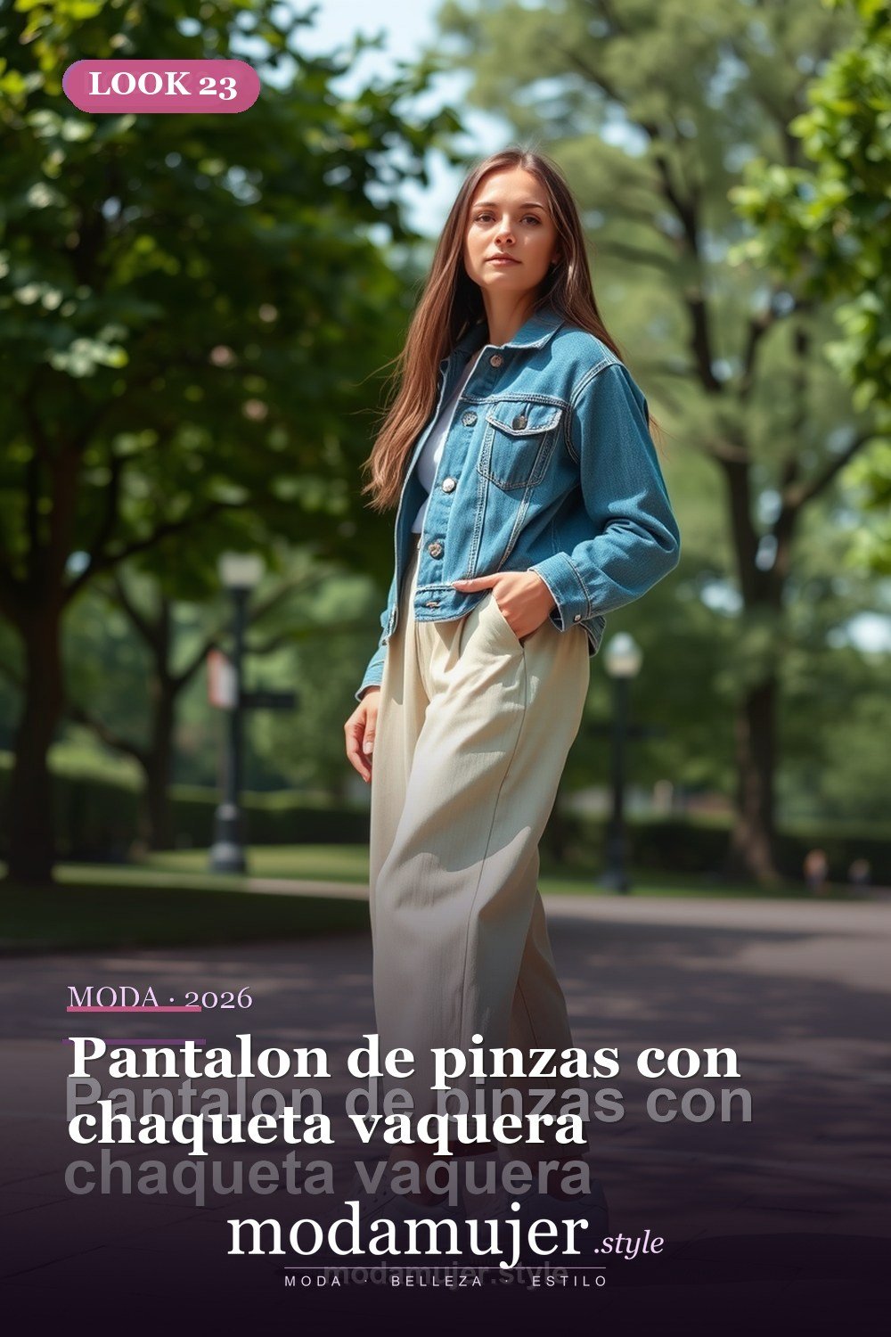 Pantalon de pinzas con chaqueta vaquera — 30 outfits con pantalon para mujer en 2026: ideas con pantalones