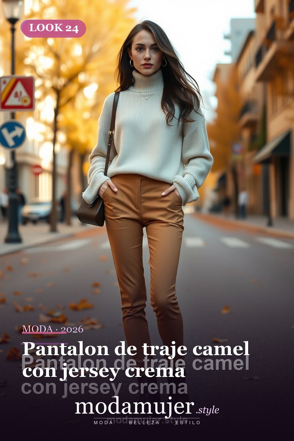 Pantalon de traje camel con jersey crema — 30 outfits con pantalon para mujer en 2026: ideas con pantalones