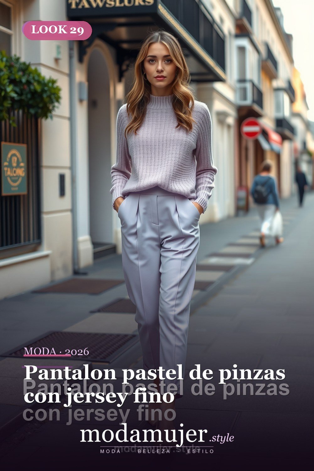 Pantalon pastel de pinzas con jersey fino — 30 outfits con pantalon para mujer en 2026: ideas con pantalones