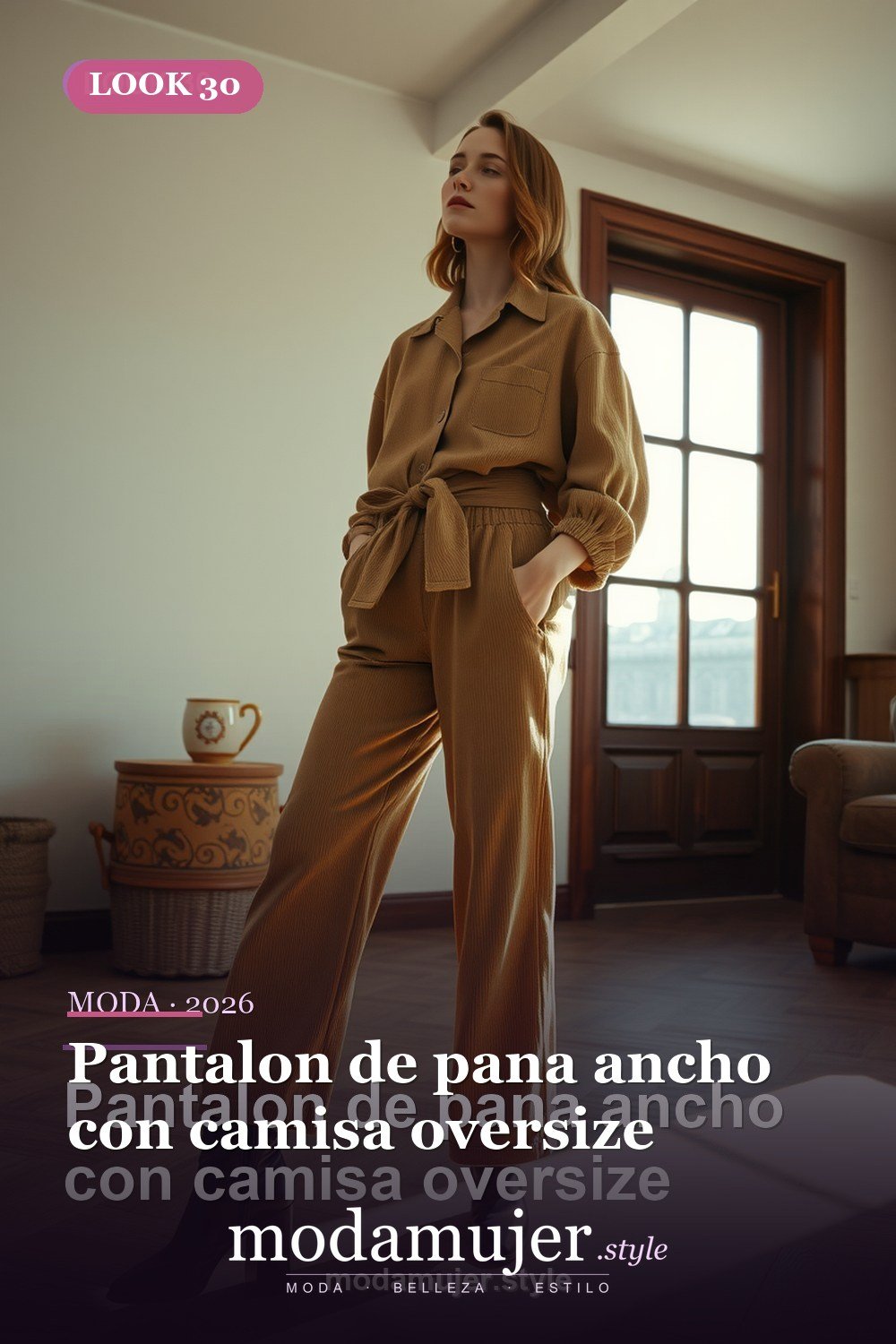 Pantalon de pana ancho con camisa oversize — 30 outfits con pantalon para mujer en 2026: ideas con pantalones