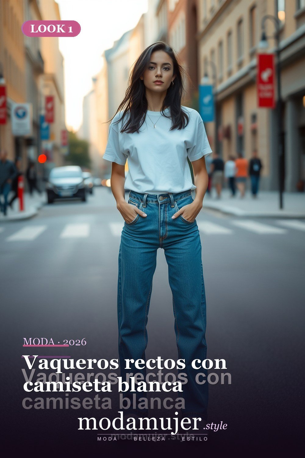 Vaqueros rectos con camiseta blanca — 30 outfits con vaqueros para mujer en 2026: ideas con jeans