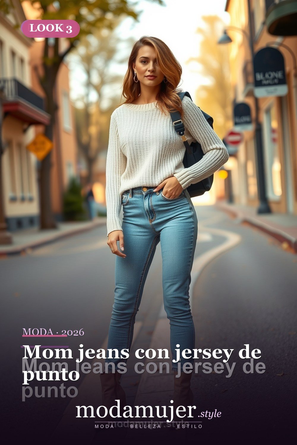 Mom jeans con jersey de punto — 30 outfits con vaqueros para mujer en 2026: ideas con jeans