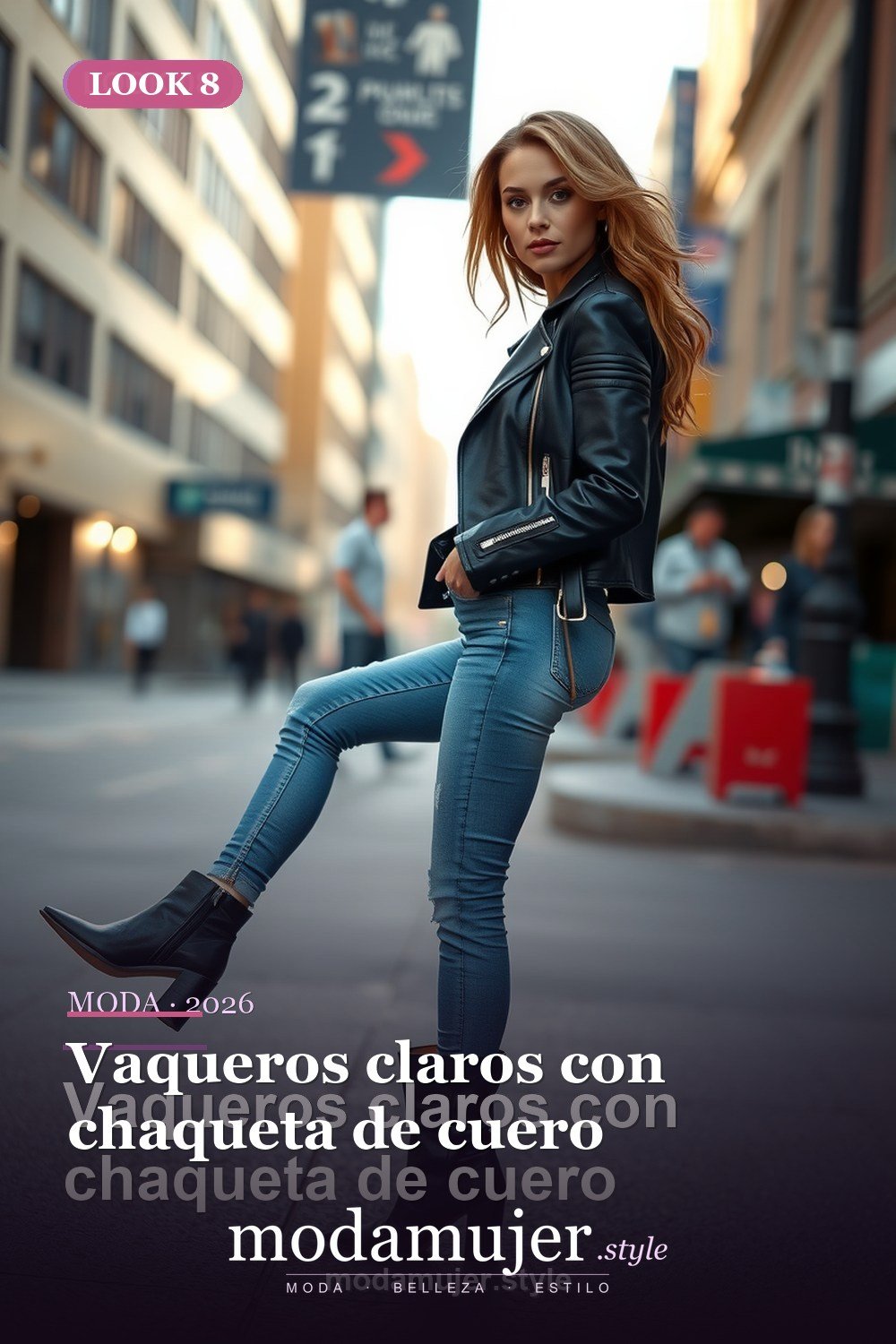 Vaqueros claros con chaqueta de cuero — 30 outfits con vaqueros para mujer en 2026: ideas con jeans