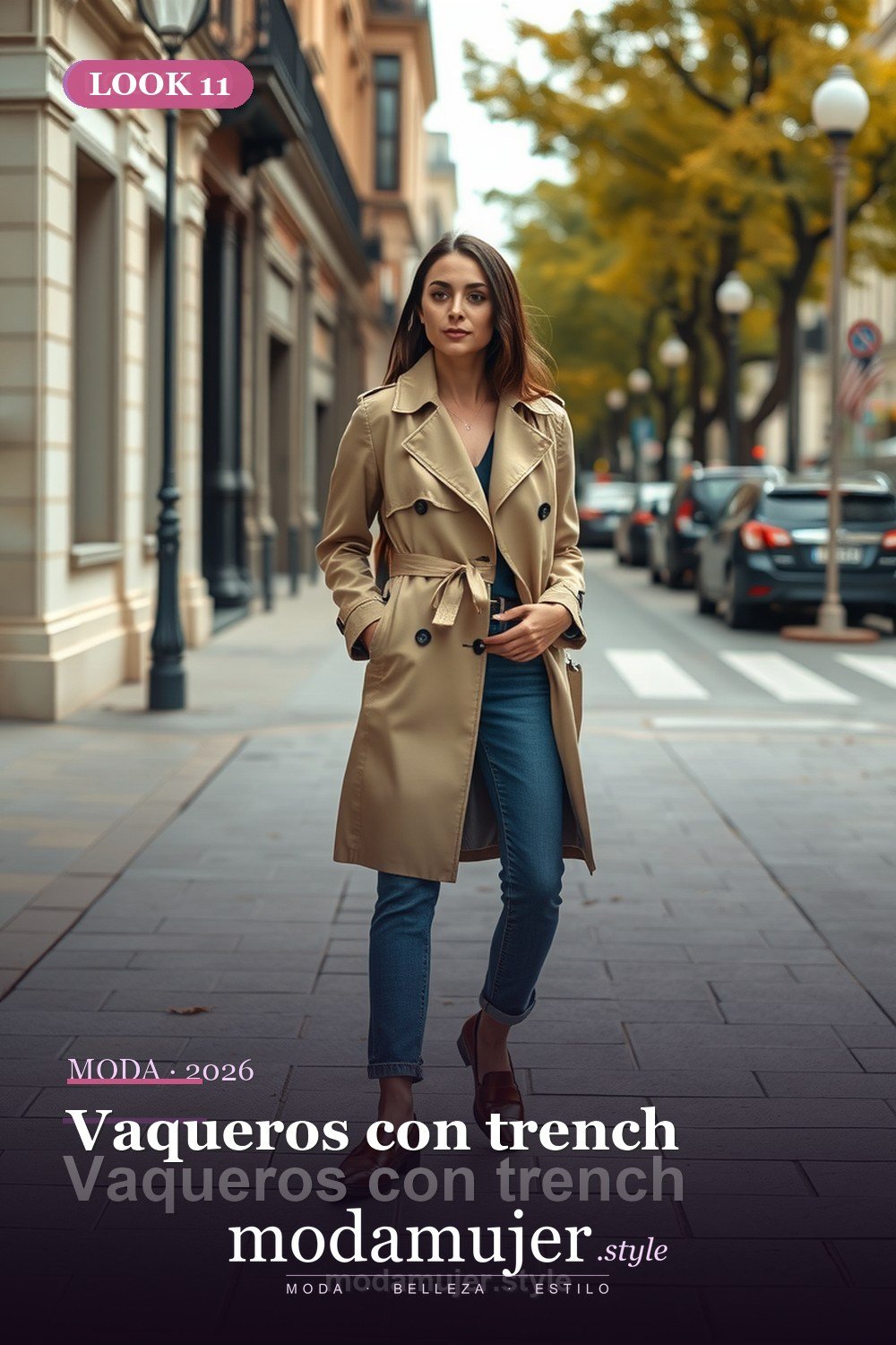 Vaqueros con trench — 30 outfits con vaqueros para mujer en 2026: ideas con jeans