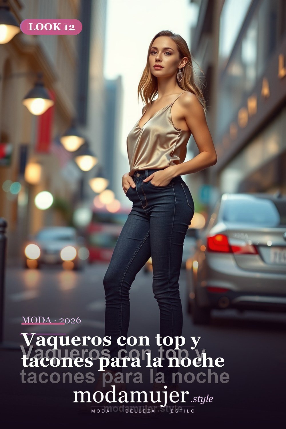 Vaqueros con top y tacones para la noche — 30 outfits con vaqueros para mujer en 2026: ideas con jeans