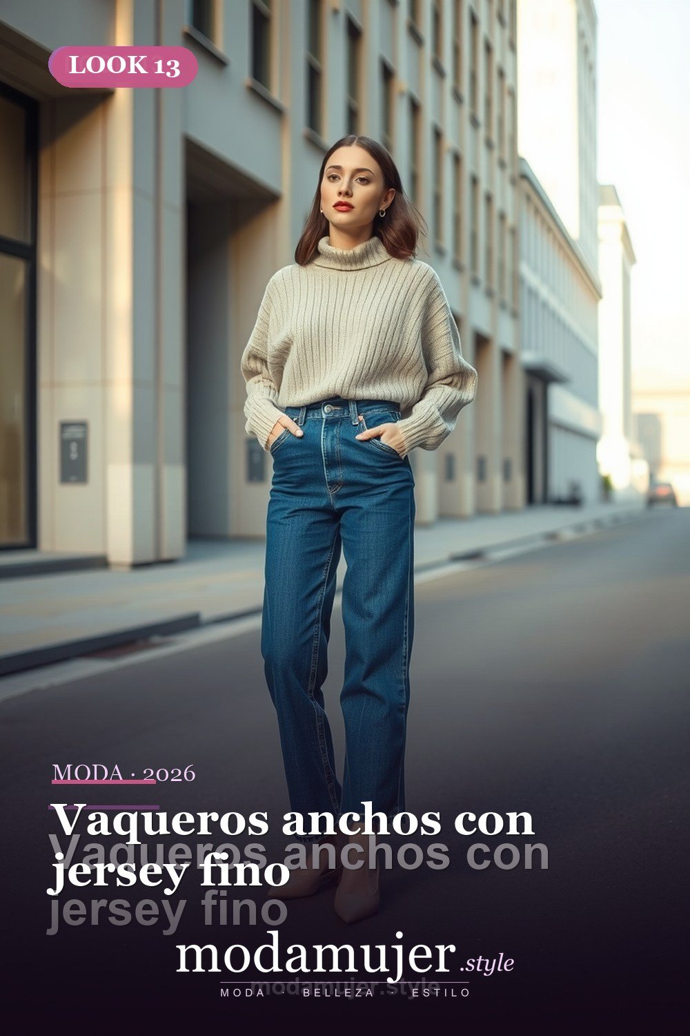 Vaqueros anchos con jersey fino — 30 outfits con vaqueros para mujer en 2026: ideas con jeans