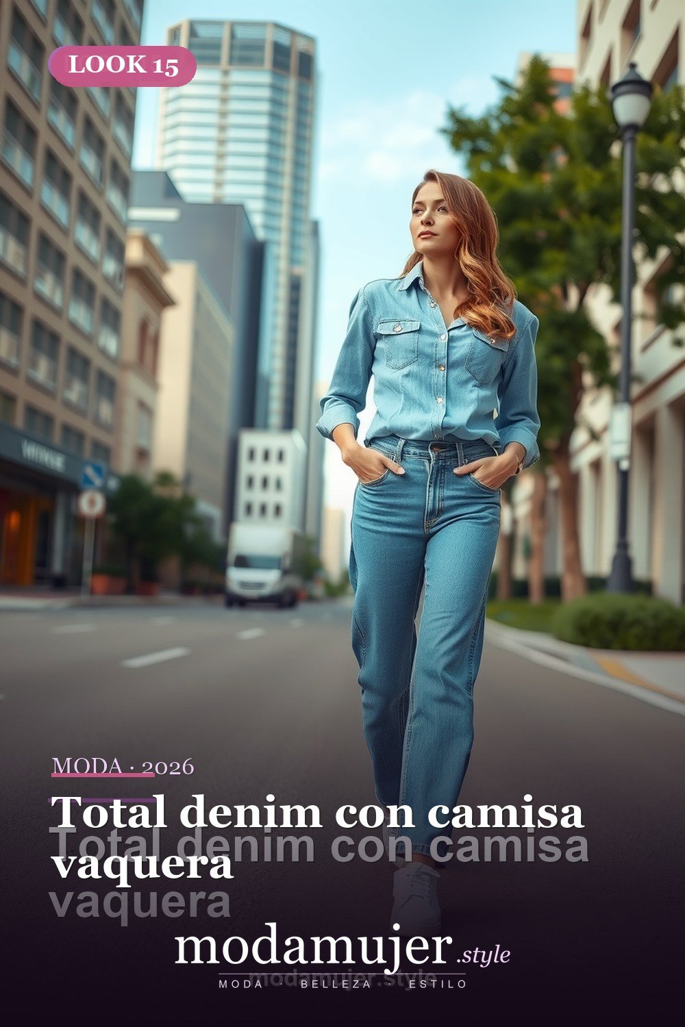 Total denim con camisa vaquera — 30 outfits con vaqueros para mujer en 2026: ideas con jeans