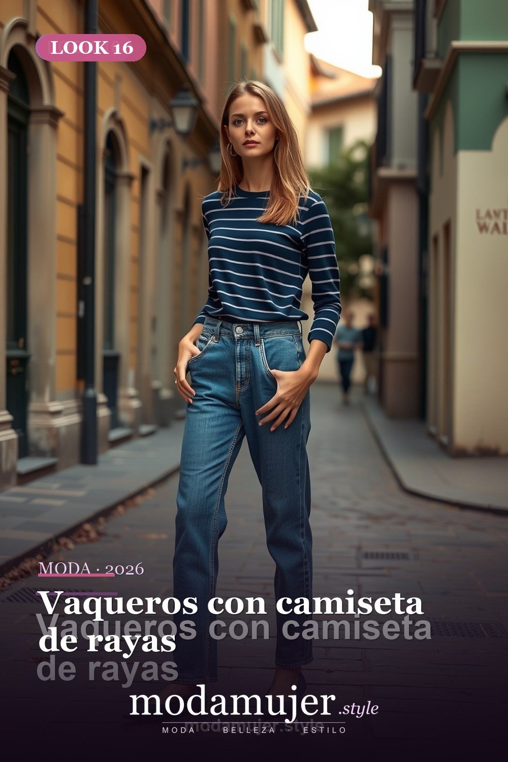 Vaqueros con camiseta de rayas — 30 outfits con vaqueros para mujer en 2026: ideas con jeans