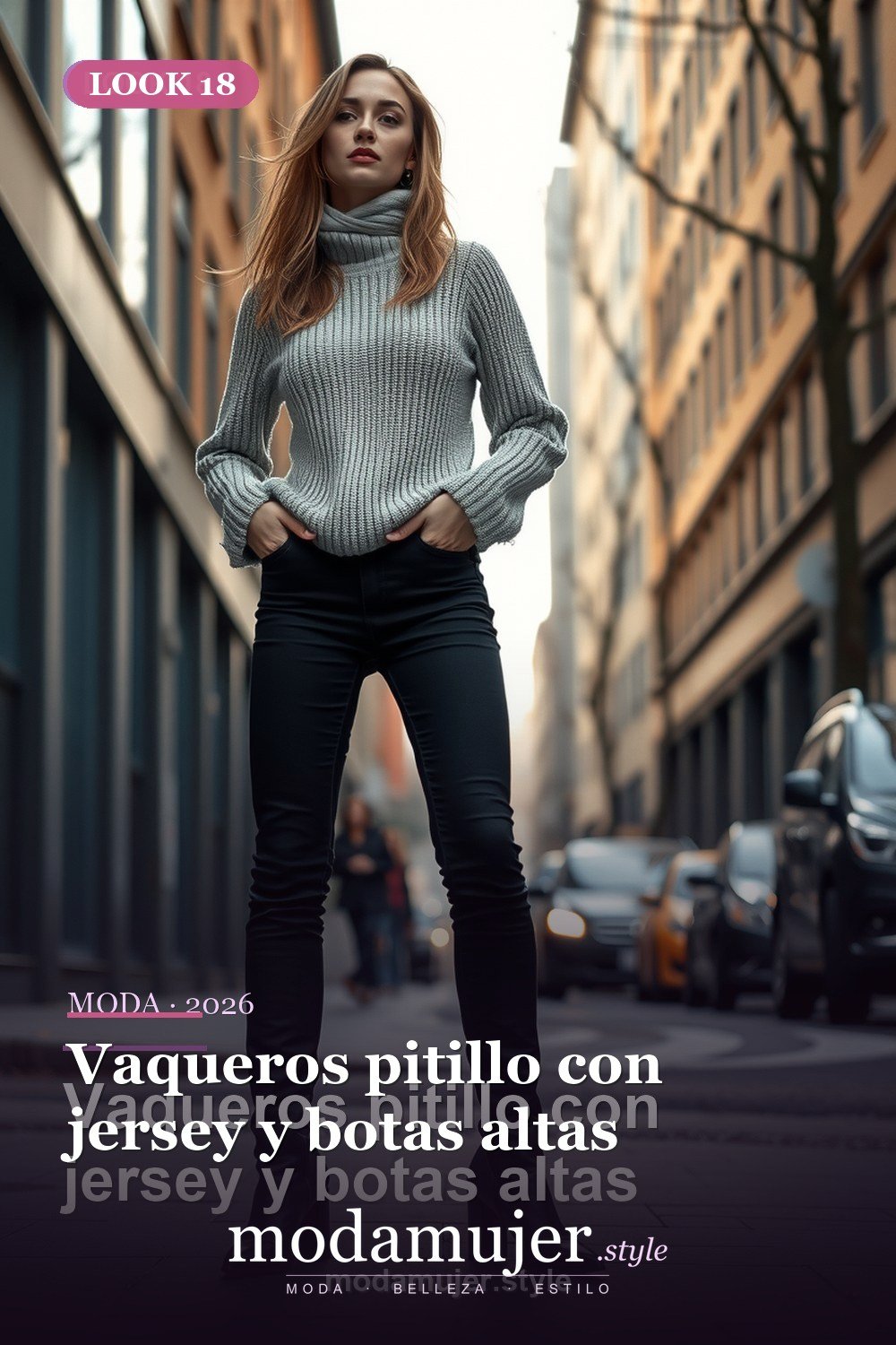 Vaqueros pitillo con jersey y botas altas — 30 outfits con vaqueros para mujer en 2026: ideas con jeans