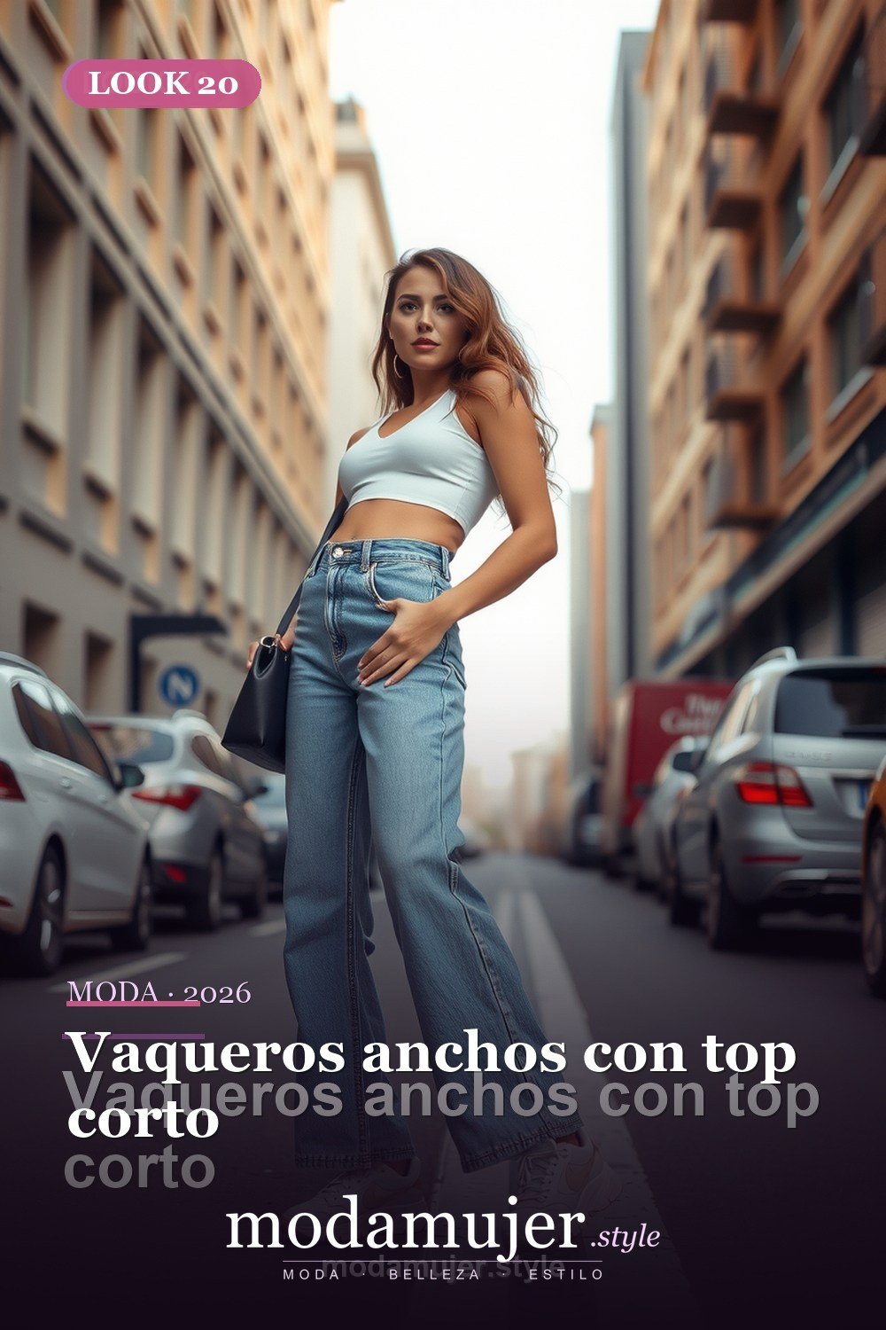 Vaqueros anchos con top corto — 30 outfits con vaqueros para mujer en 2026: ideas con jeans