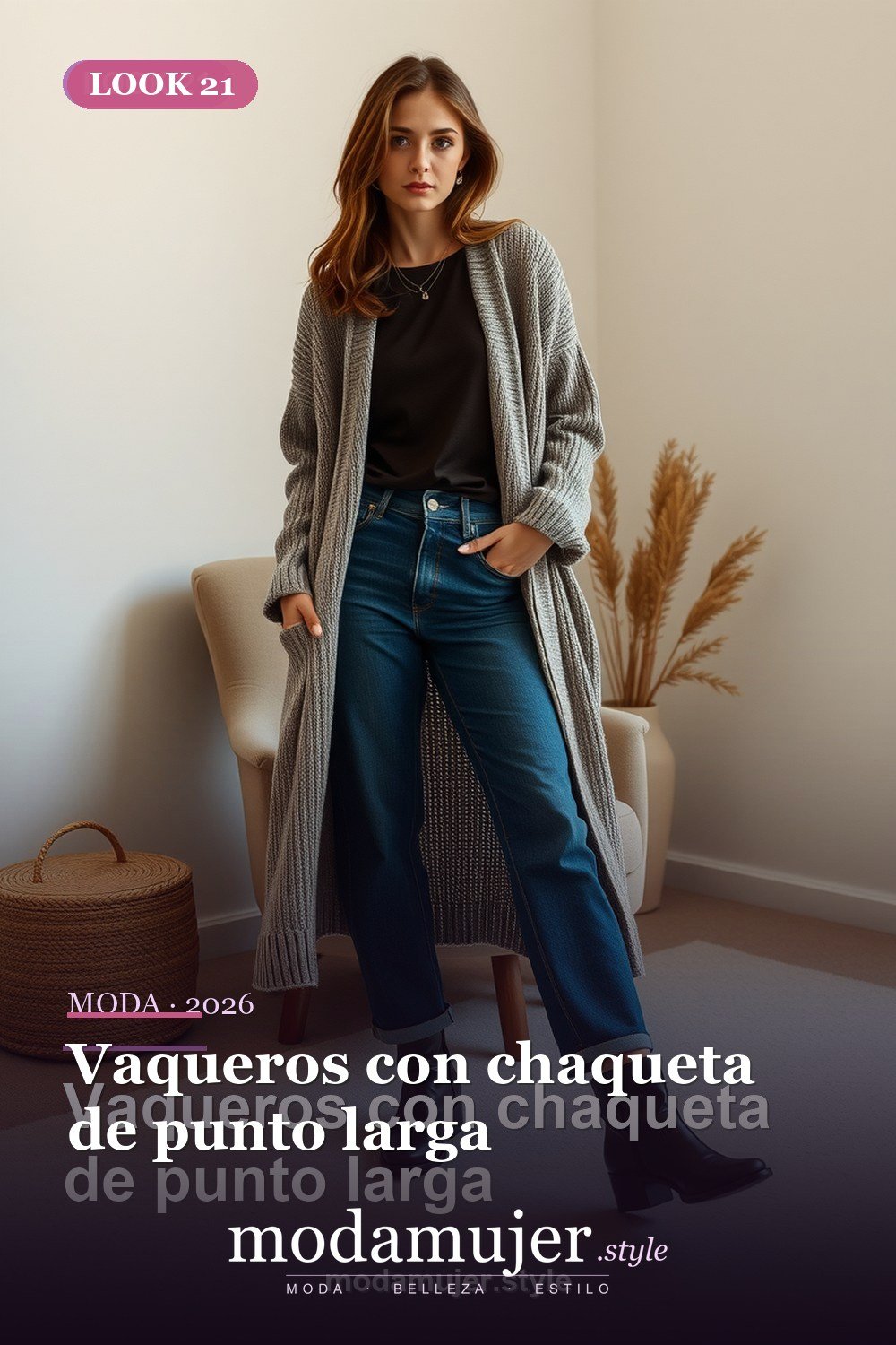 Vaqueros con chaqueta de punto larga — 30 outfits con vaqueros para mujer en 2026: ideas con jeans