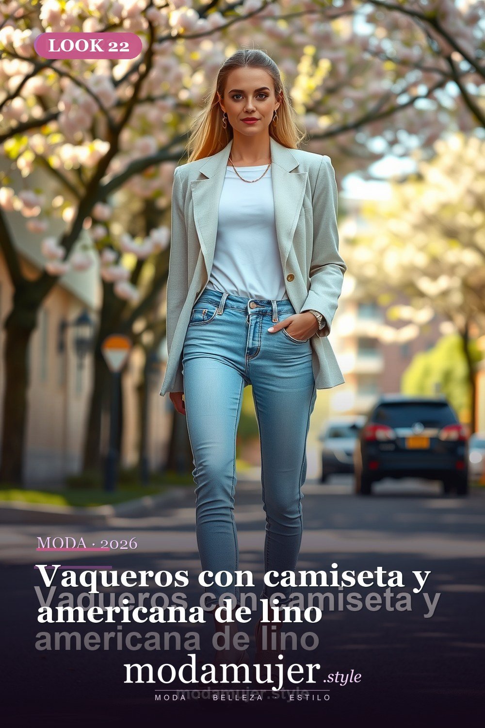Vaqueros con camiseta y americana de lino — 30 outfits con vaqueros para mujer en 2026: ideas con jeans