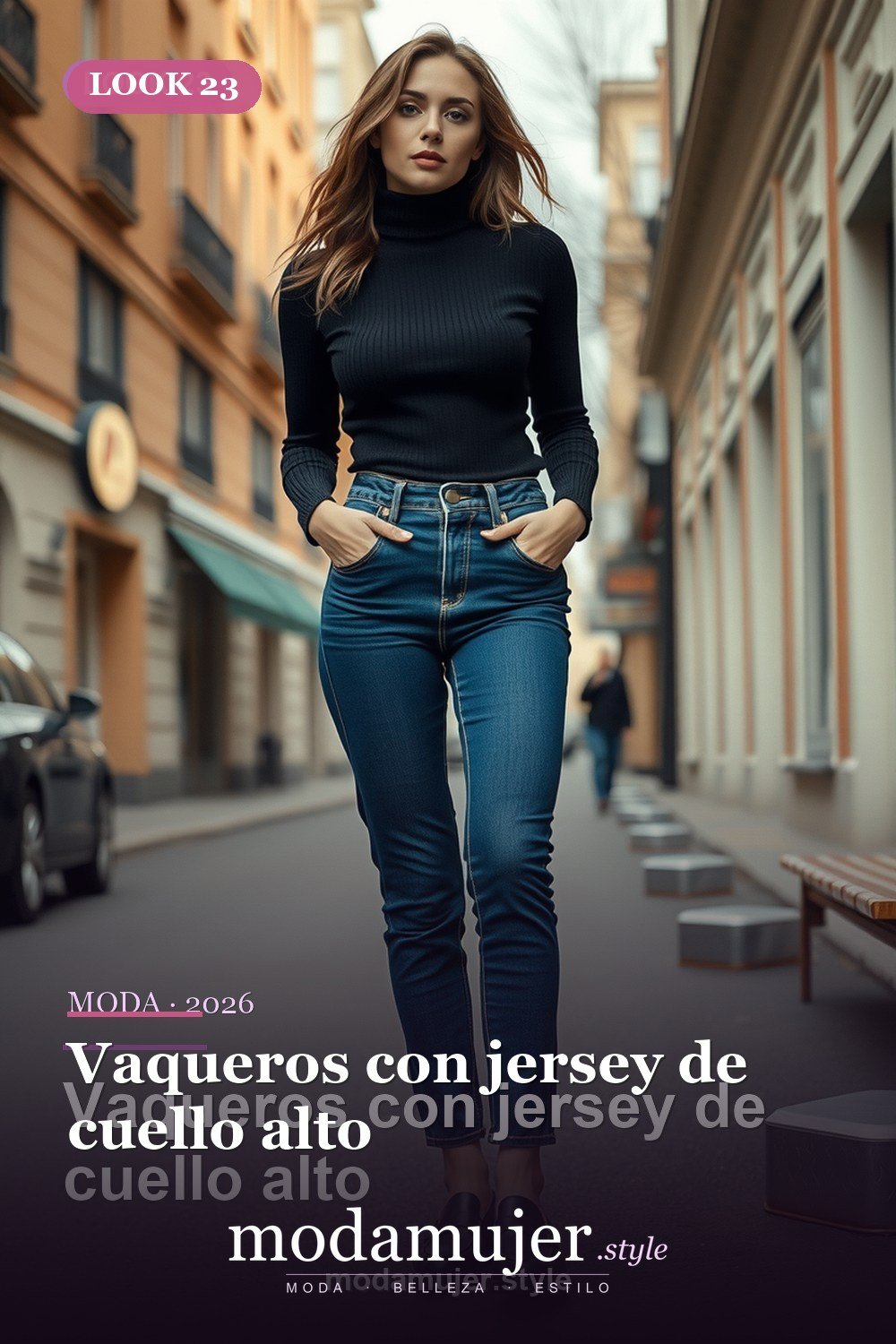 Vaqueros con jersey de cuello alto — 30 outfits con vaqueros para mujer en 2026: ideas con jeans