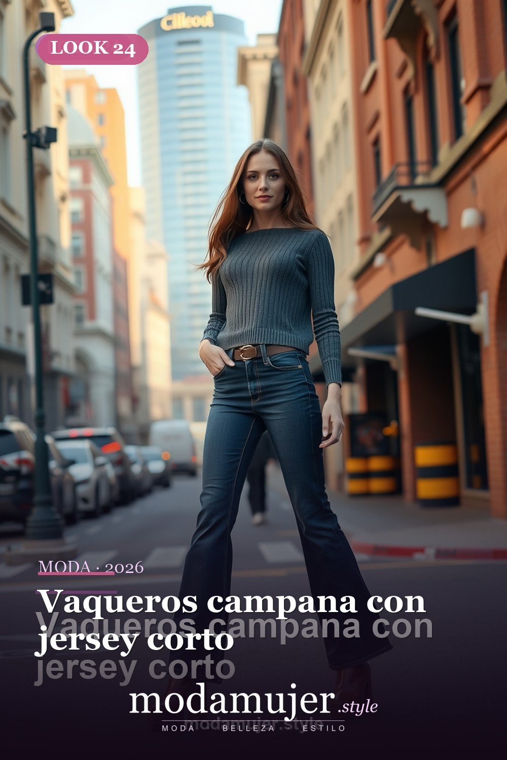 Vaqueros campana con jersey corto — 30 outfits con vaqueros para mujer en 2026: ideas con jeans